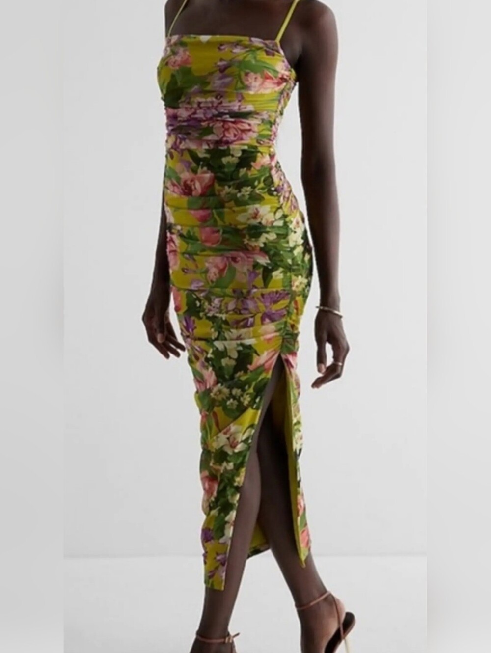 Express Body Contour Floral Mesh Midi Dress with Pink & Yellow Floral Trim, Med